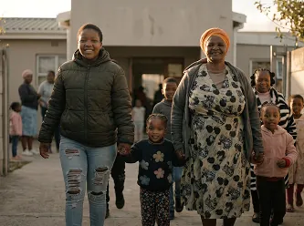 Adults and children walking along a street