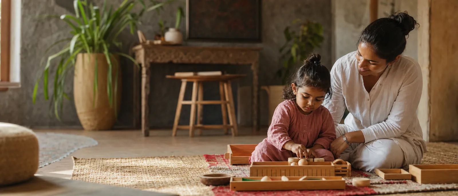 Concept illustration: Adult and young child using materials on a rug