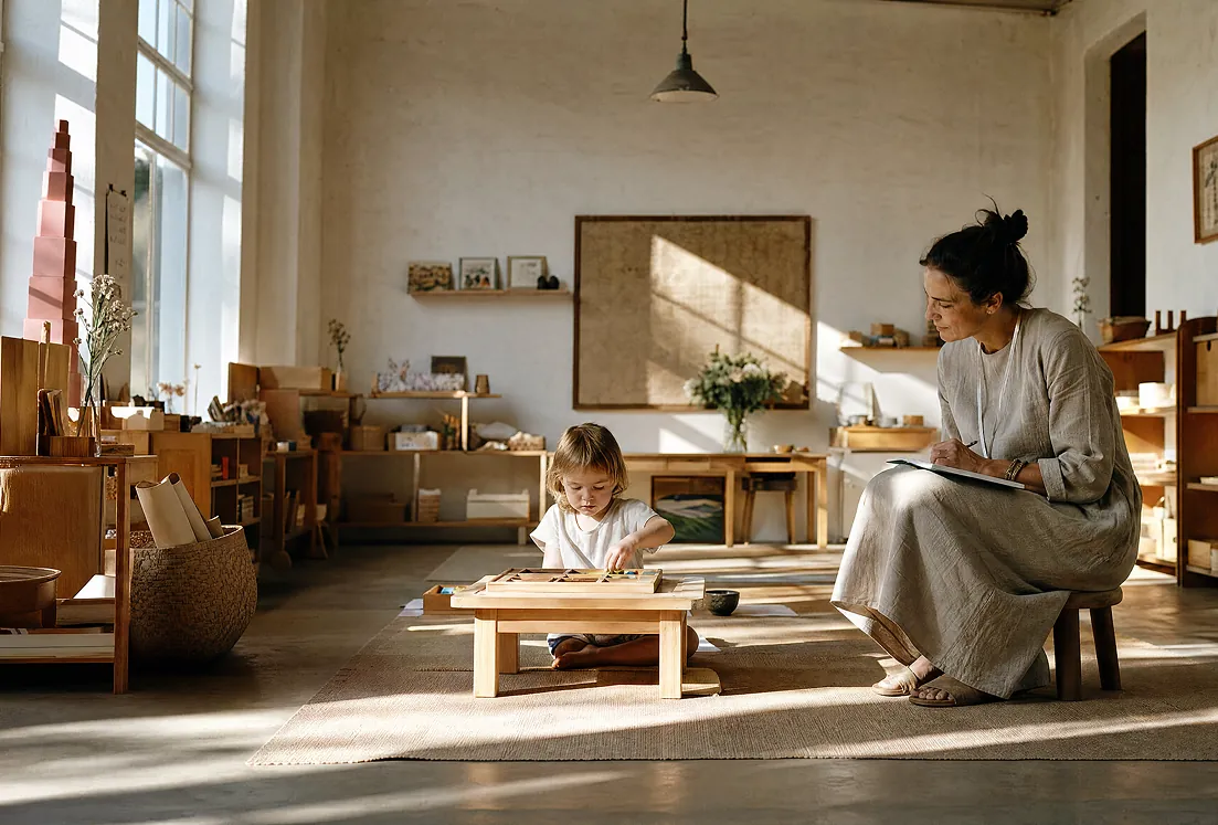 Concept illustration: Adult observing a child in a spacious classroom