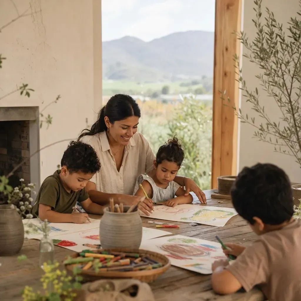 Concept illustration: Adult and children working together at a bright table