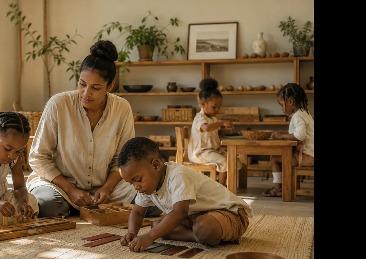 Concept illustration: Adult and child leaning over materials on the floor