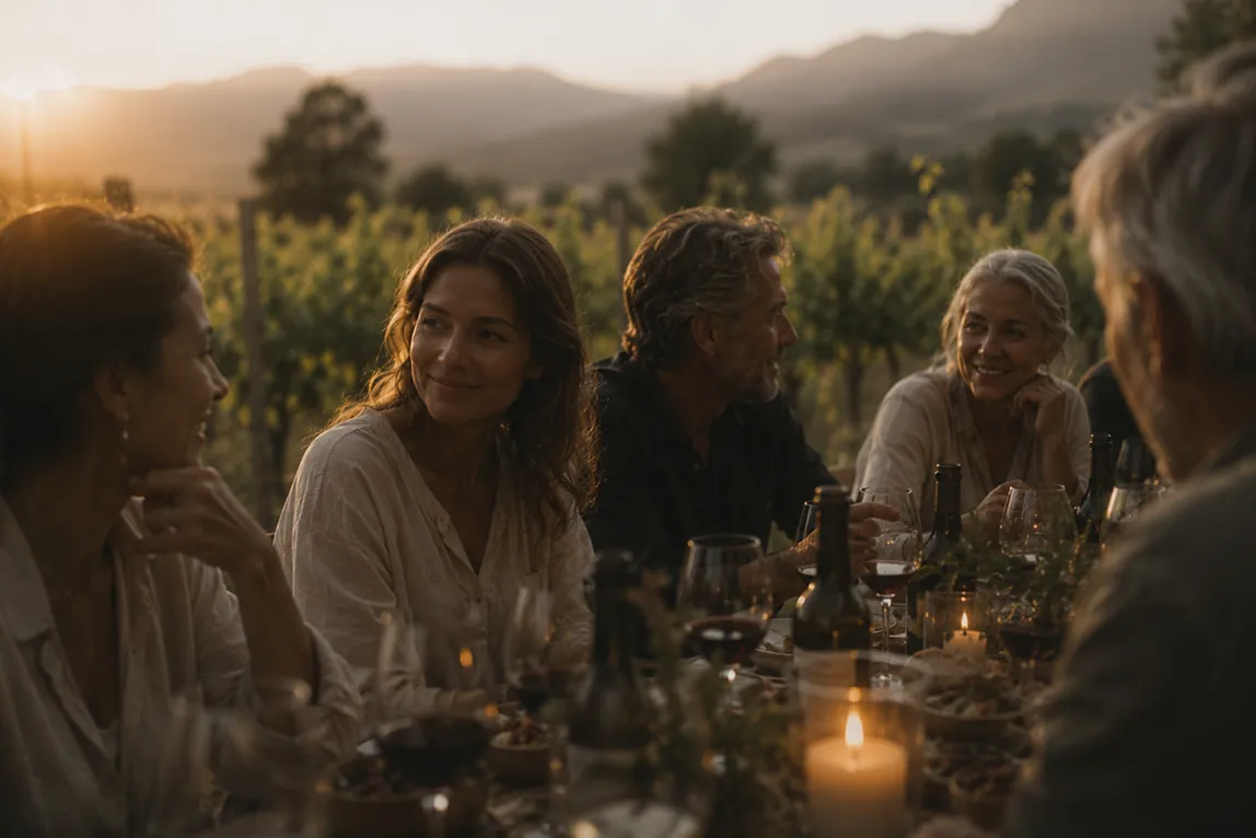 Concept illustration: Adults gathered around an outdoor table