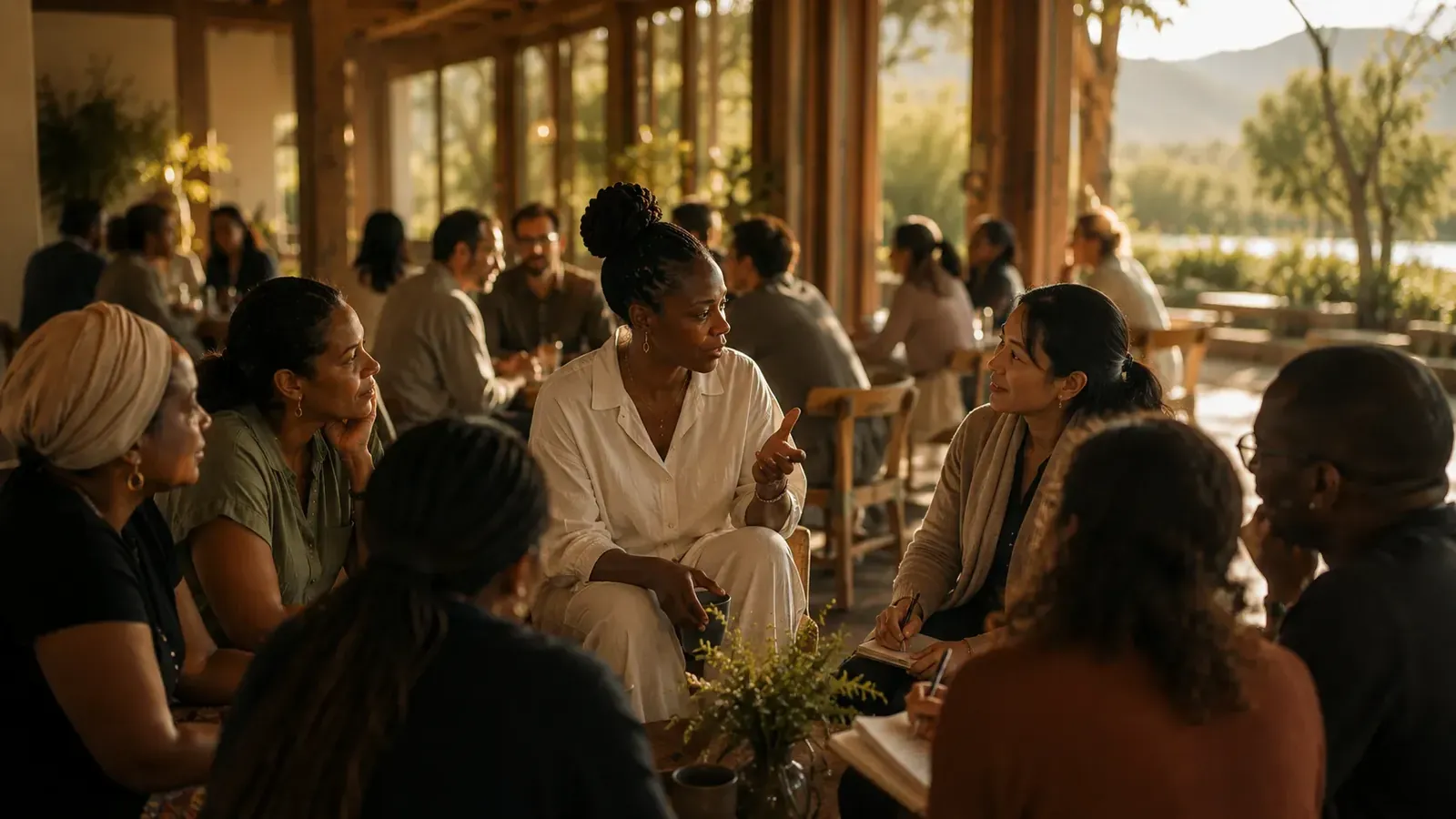Concept illustration: Large adult gathering in a warm interior