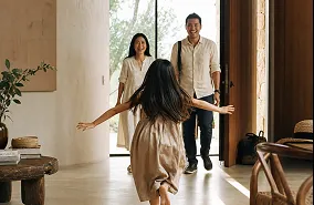 Concept illustration: Child approaching adults in a doorway