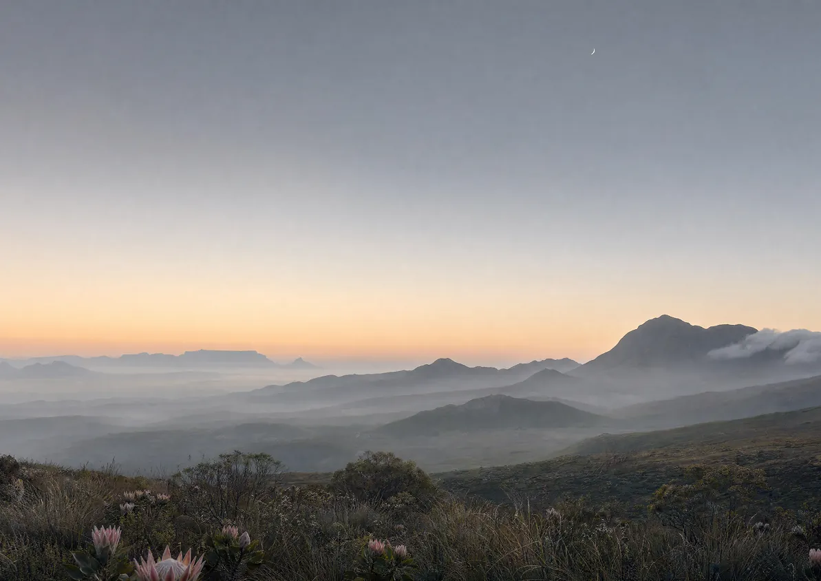 Concept illustration: Layered mountain landscape at dawn