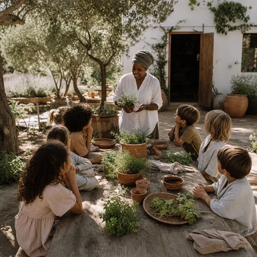 Concept illustration: Adult leading an outdoor table activity with children