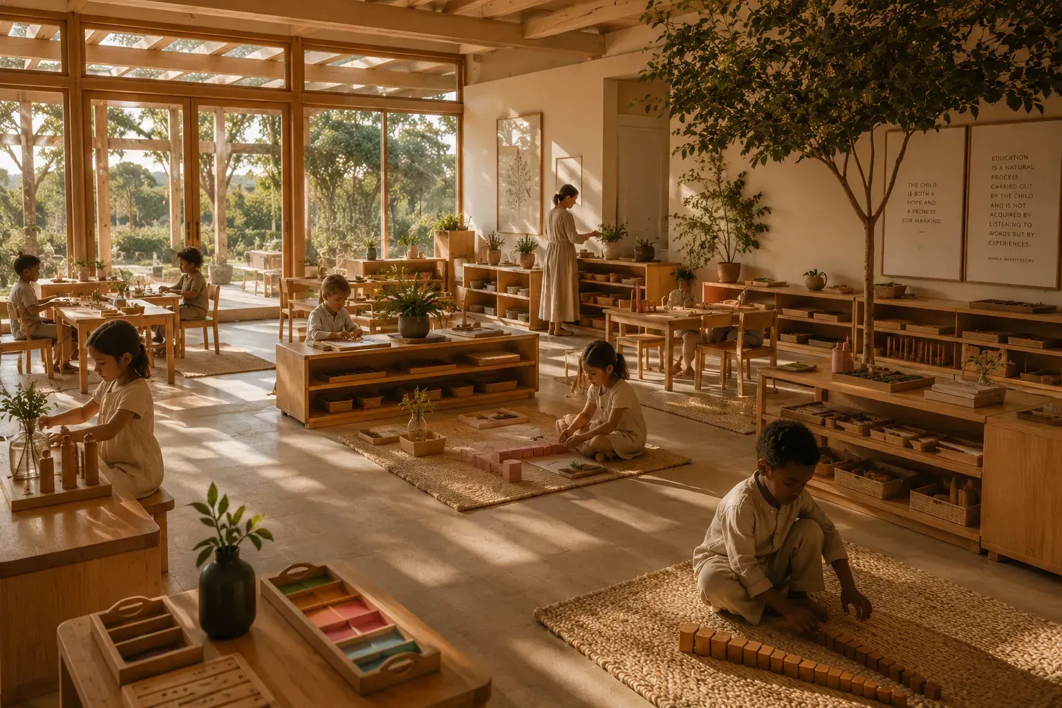Concept illustration: Sunlit classroom with low shelves and children