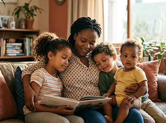Concept illustration: Adult reading with three children on a sofa