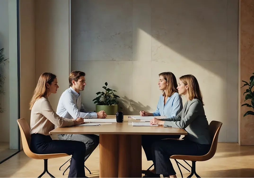 Concept illustration: Adults in conversation around a table