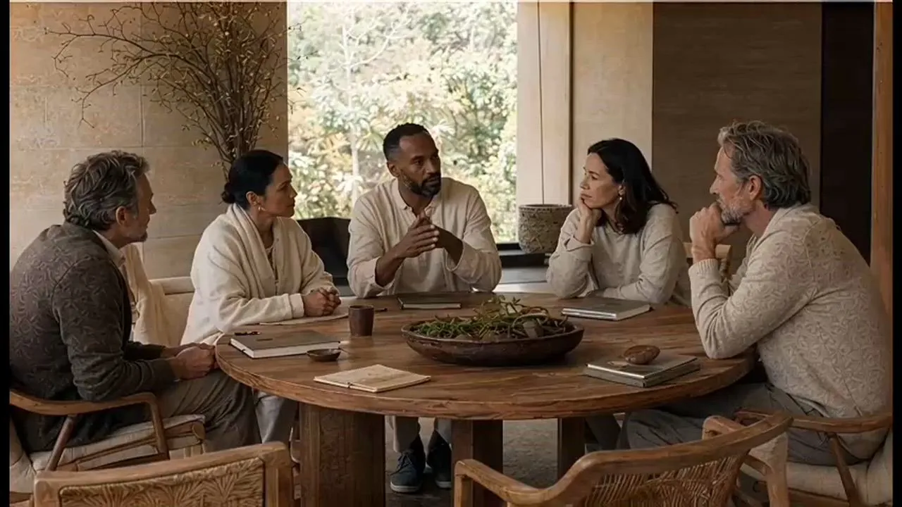 Concept illustration: Adults in conversation around a table
