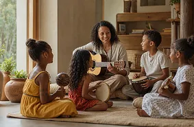 Concept illustration: Adult playing guitar with a group of children