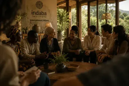 Concept illustration: Adults meeting around a table with Indaba signage