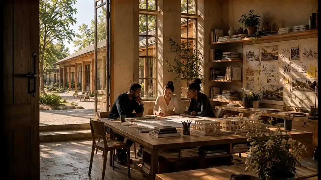 Concept illustration: Adults studying in a timber library interior