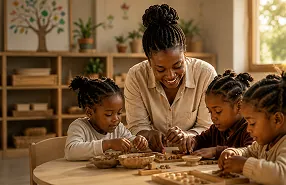 Concept illustration: Adult supporting children around tabletop materials