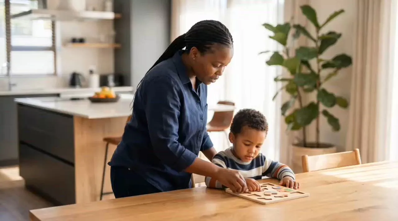 Concept illustration: Adult supporting a child's work at a table