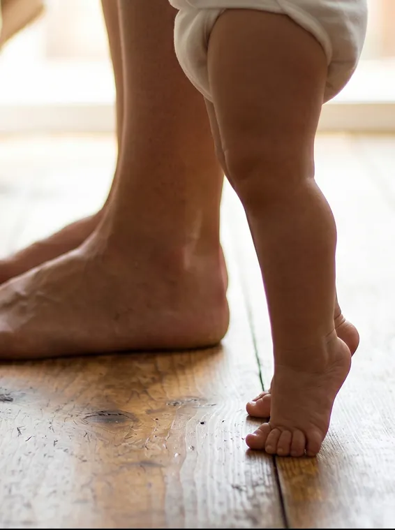 Concept illustration: Close detail of a young child's feet on a wooden floor