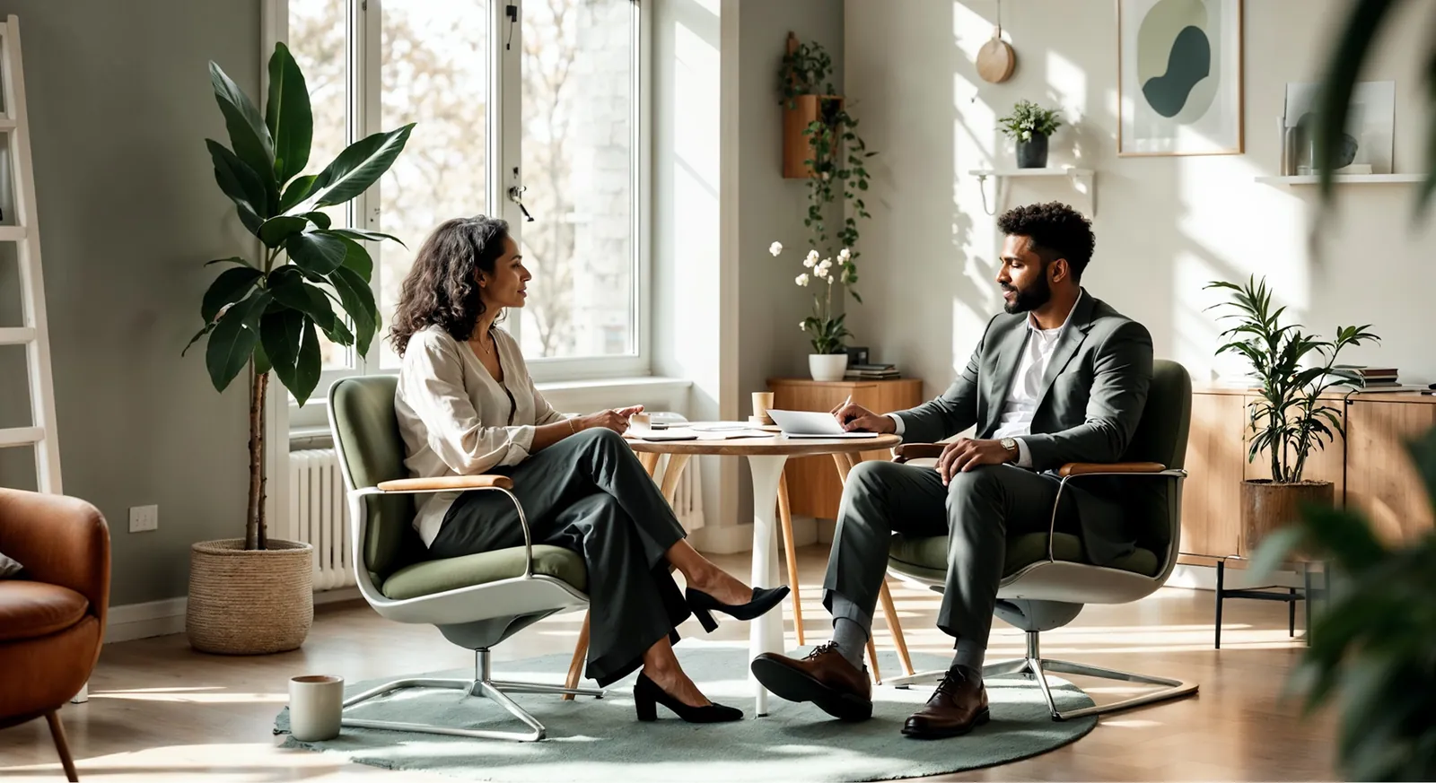 Concept illustration: Adults in conversation around a table